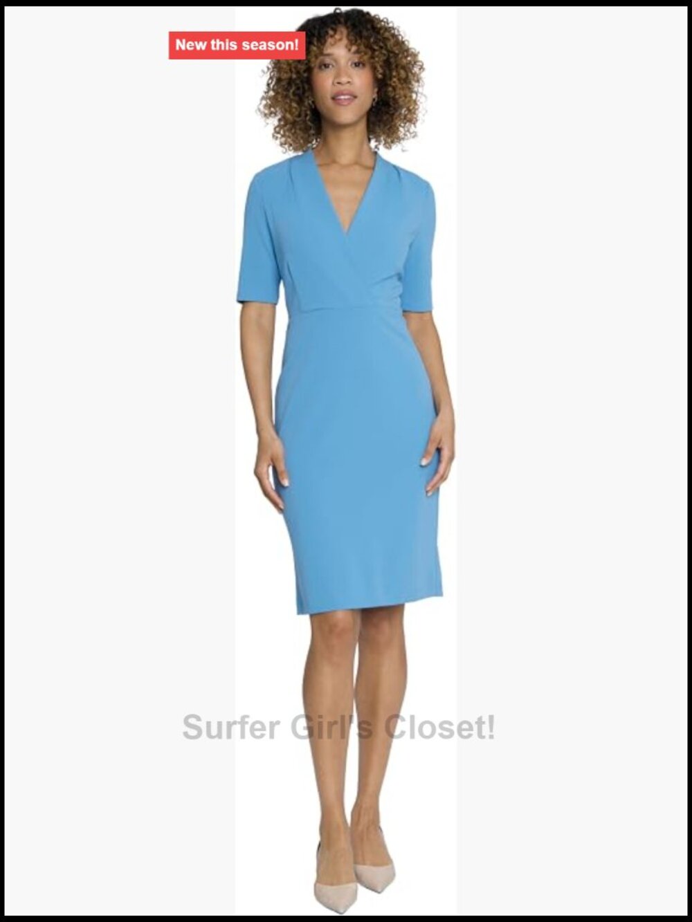 V-Neck Elbow Sleeve Knee-Length Sheath Dress | Business Casual, 96% Polyester